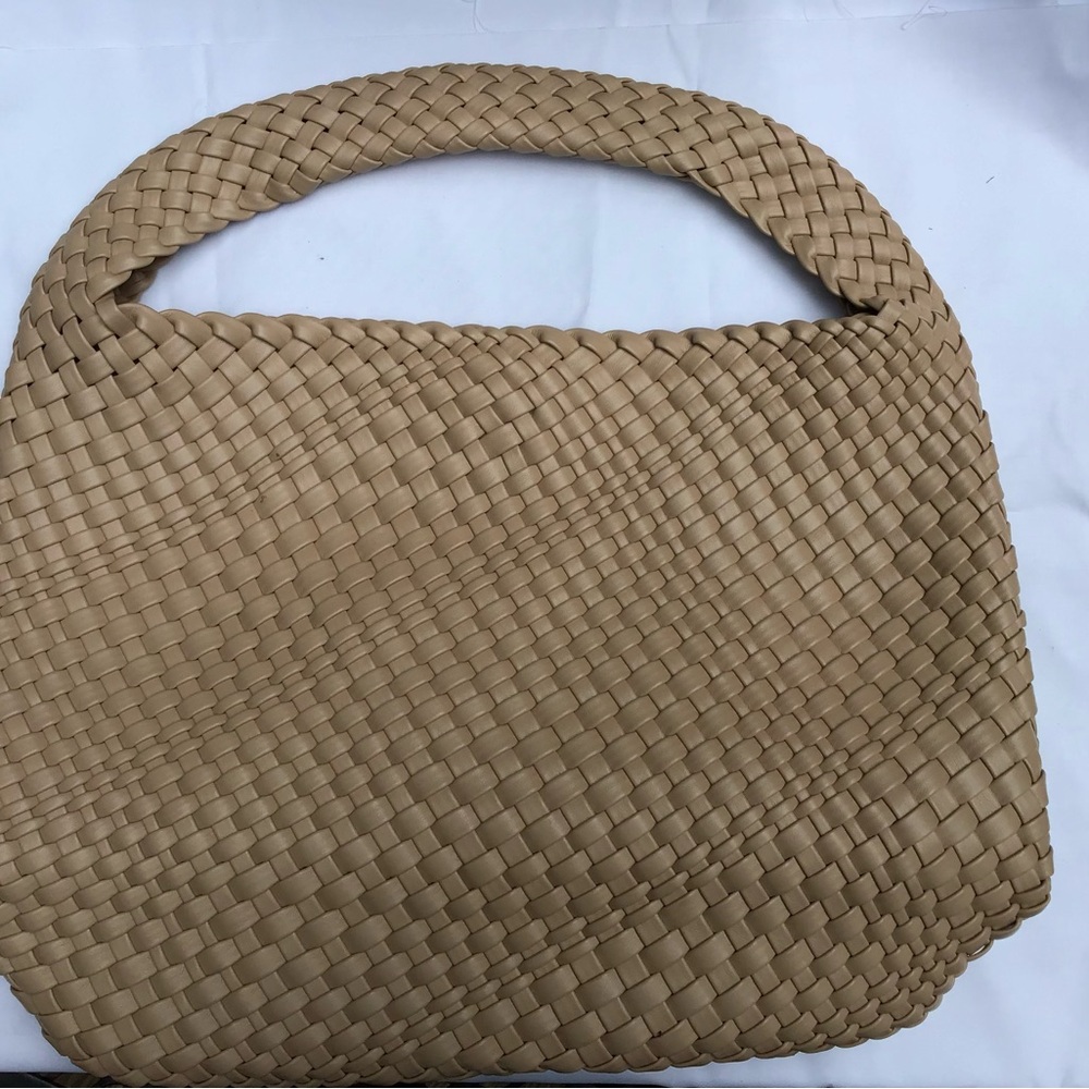 Vegan Faux Leather Tan Woven Shoulder Bag with Makeup Bag